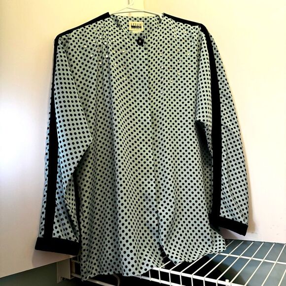 Leslie Fay Tops - Vintage Leslie Fay Aqua Black Polka Dot Rhinestone Blouse Retro 80s 8